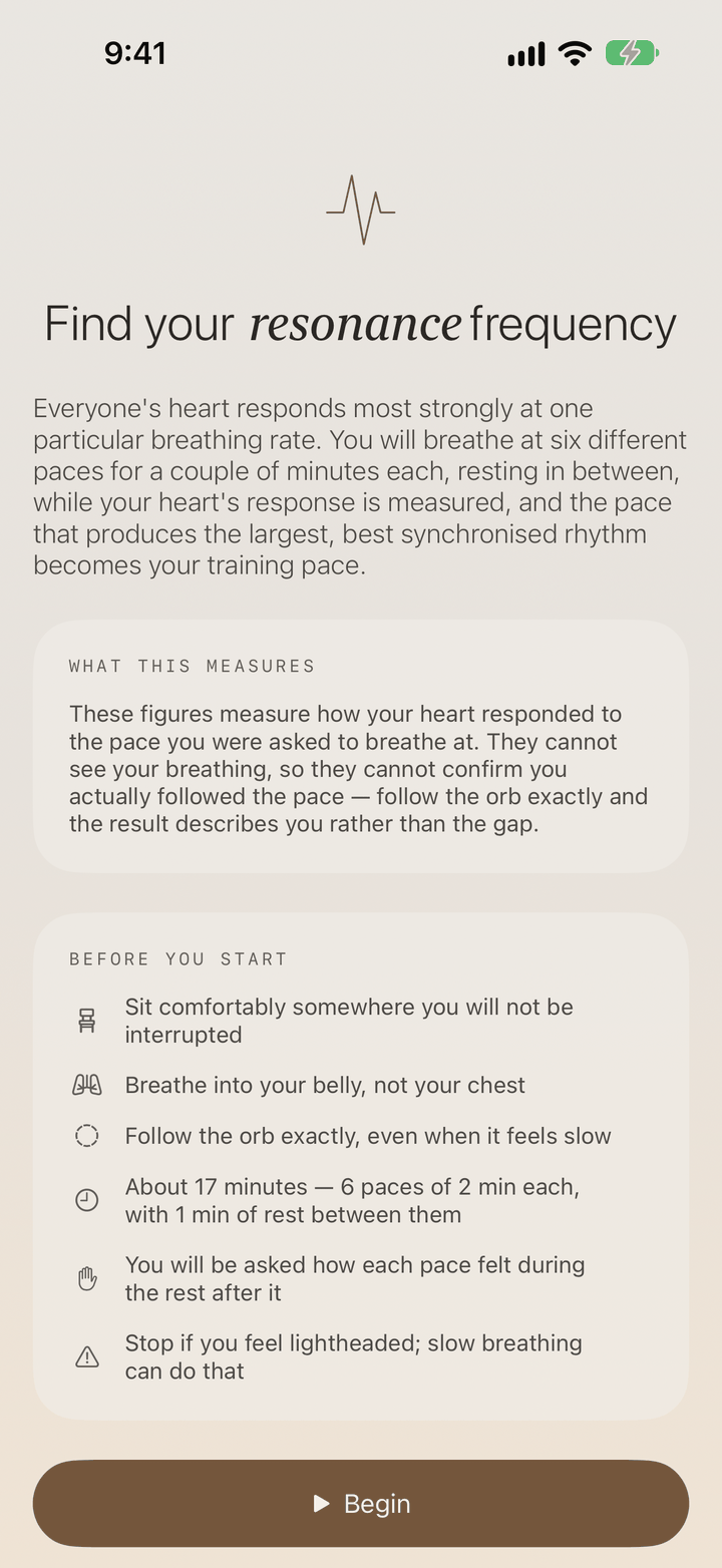 The assessment’s introduction, Find your resonance frequency: six paces of two minutes each with a minute of rest between, about seventeen minutes in all.
