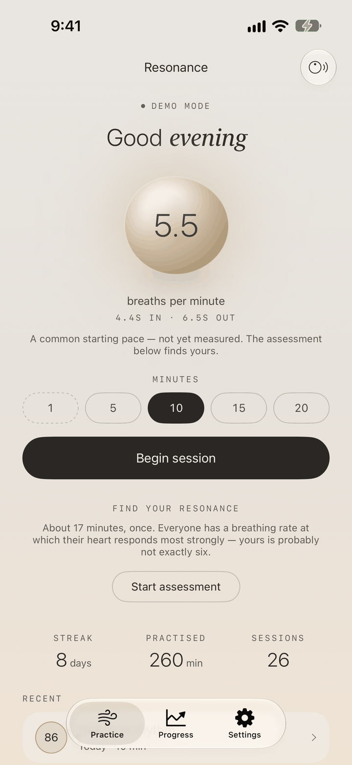 The Practice screen in the light look, Linen: an oat ground, charcoal type and the pace of 5.5 breaths per minute on a pale stone.